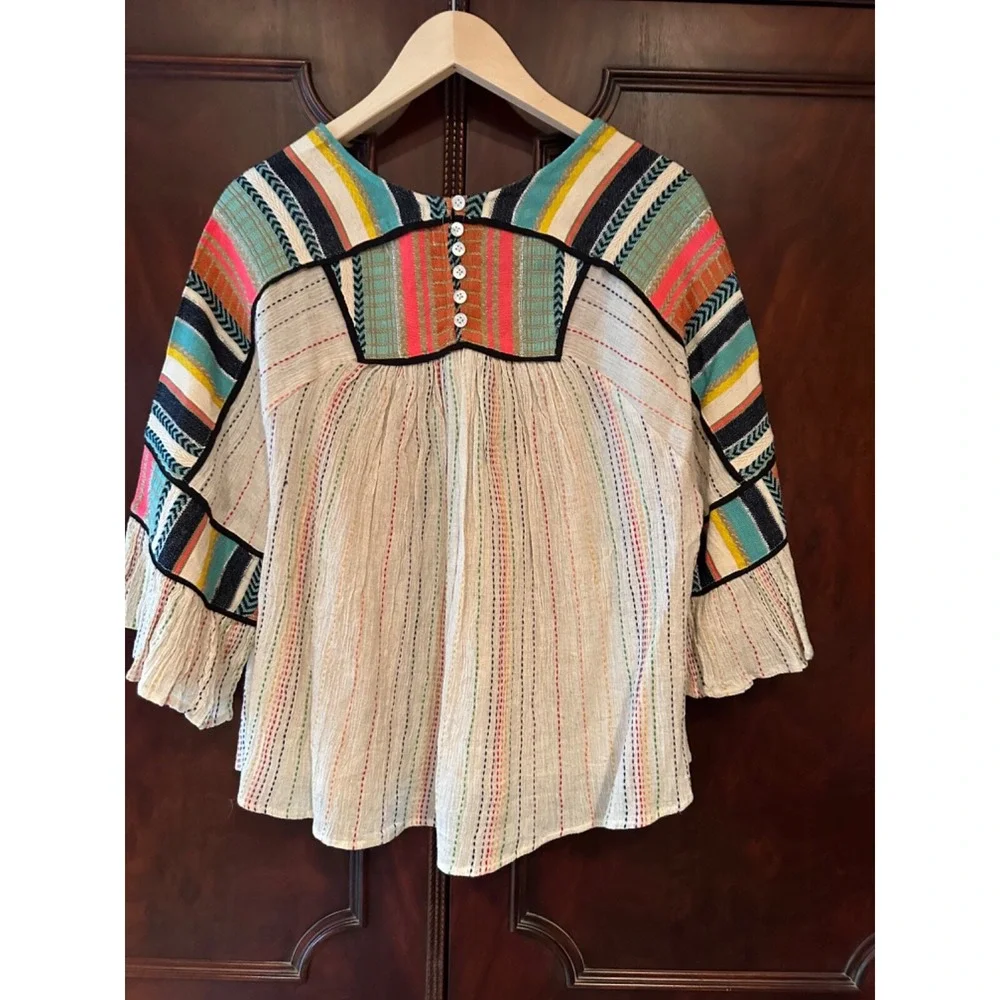 THML Bell Sleeve Multi Colored Striped Bohemian Flowy Blouse M NWT - Picture 4 of 6
